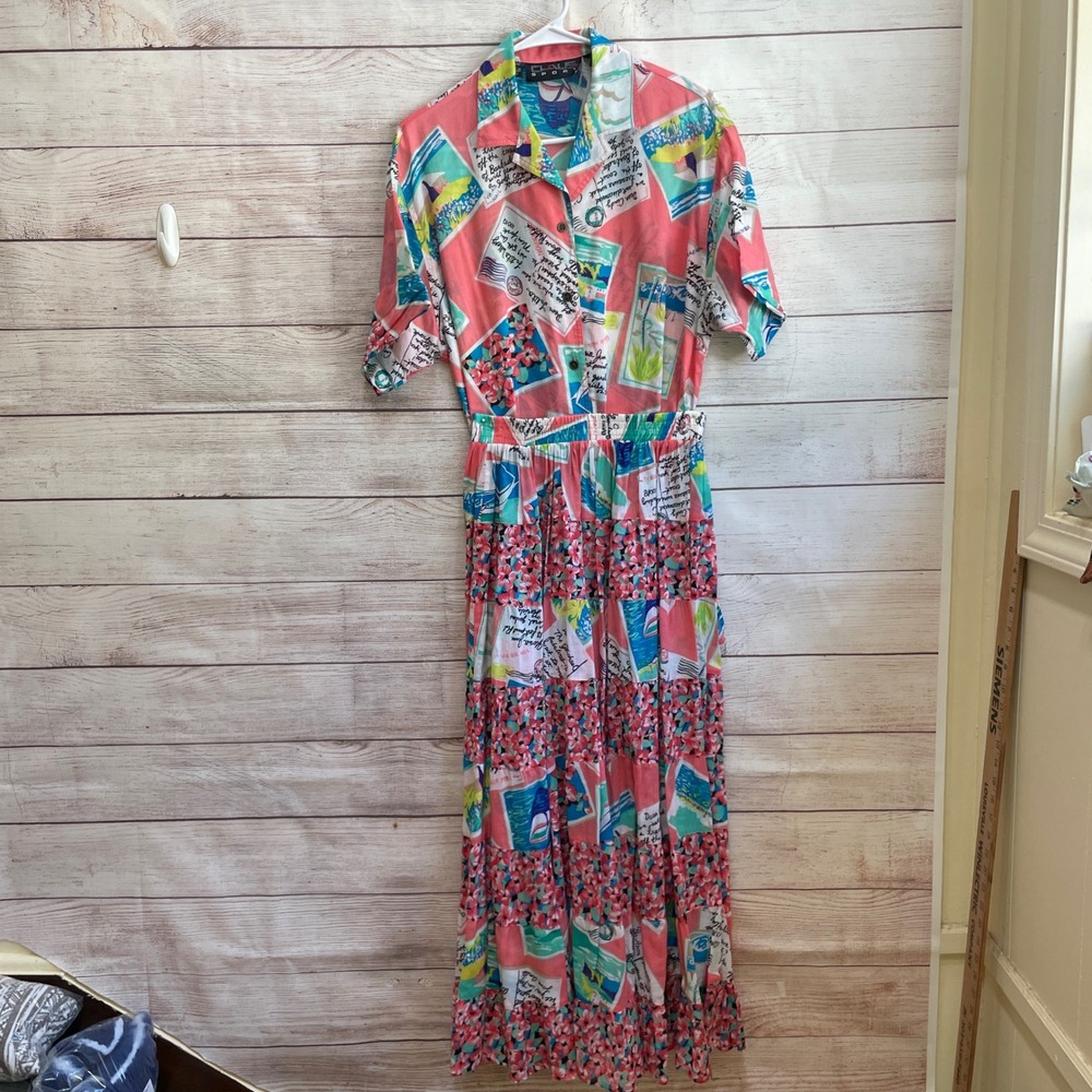 VINTAGE CHAUS SPORT POSTCARD TRAVEL PRINT TOP AND MAXI SKIRT SET
